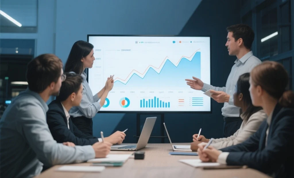一个团队正在分析大屏幕上的数据趋势图，成员们讨论并做记录，体现高效协作与数据驱动决策